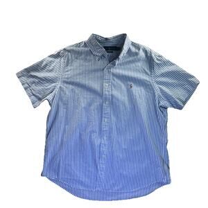 Ralph Lauren Mens Blue White Striped Button-down Shirt XL Short Sleeve Pony Logo